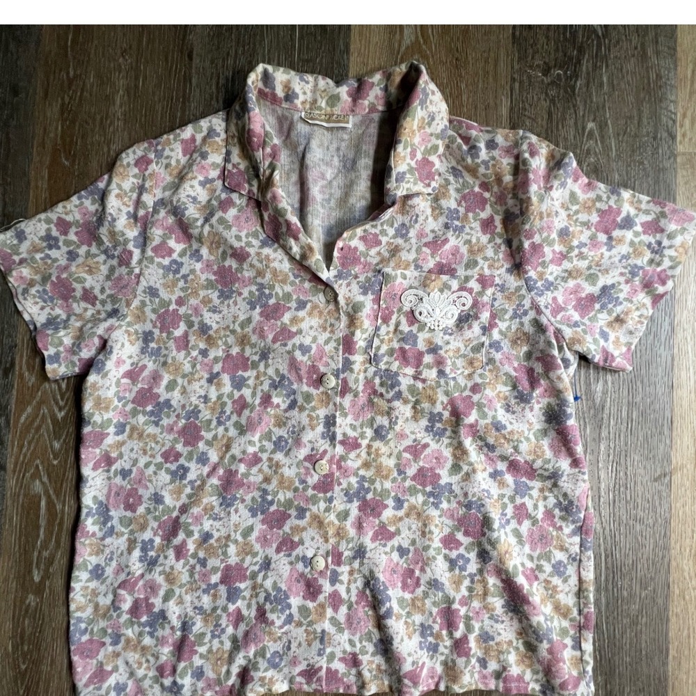 Season Ticket Button Up Shirt Womens XL Multicolor Floral Lace Pocket Vintage